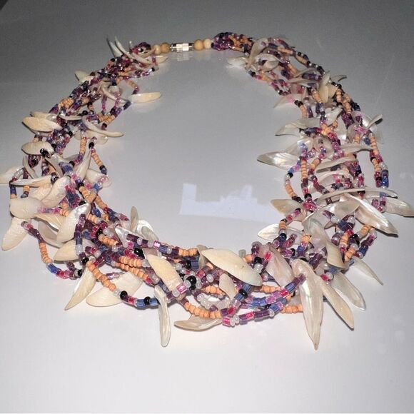 VTG Coastal Mermaid Shell Chip Seed Bead Necklace Mother Pearl Indie Boho 19.5” - Picture 2 of 12